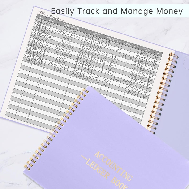 Hautoco Accounting Ledger Book for Small Business Bookkeeping Home Budget Tracking with 2 Storage Pouch, Accounting Log Journal Personal Money Ledger Expense Tracking Notebook 10.1 x 7.8'', Purple - Image 2